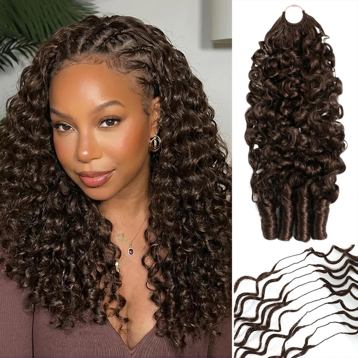 CanaryFly Burmese Curly Crochet Hair Extensions front view in Chocolate Brown