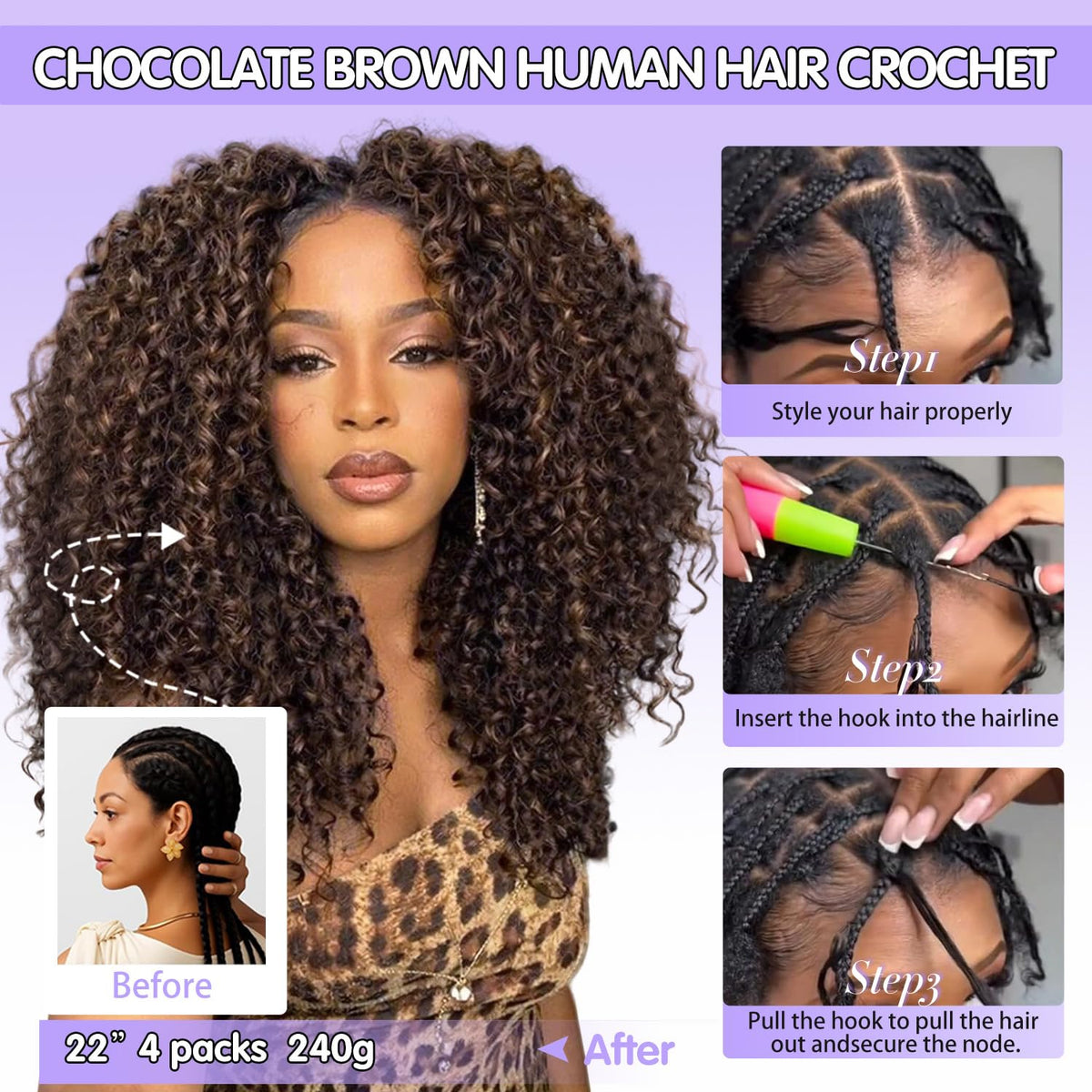 CanaryFly crochet hair extensions packaging with crochet needle
