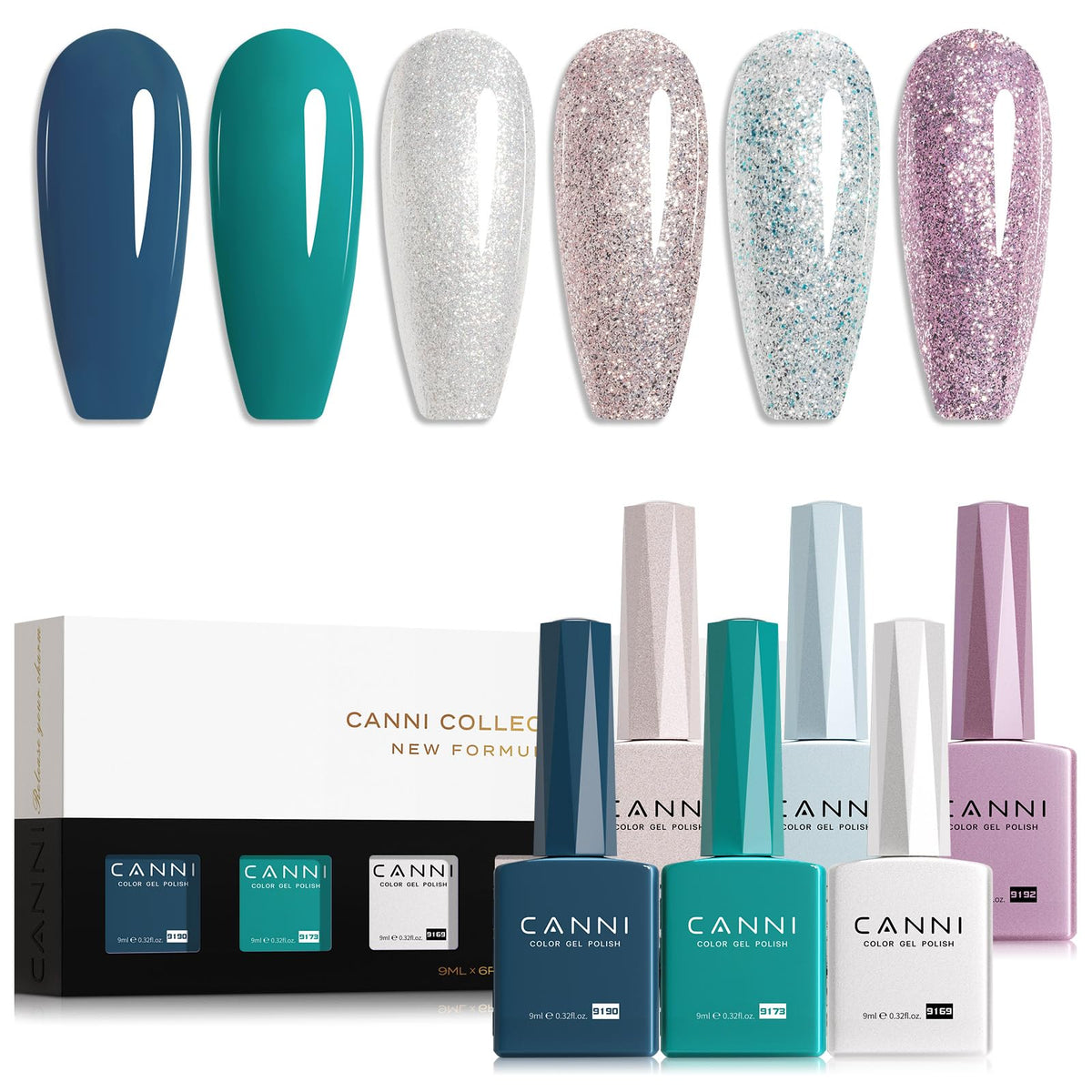 CANNI 9ML Shimmer Gel Nail Polish Set front view with six glitter shades