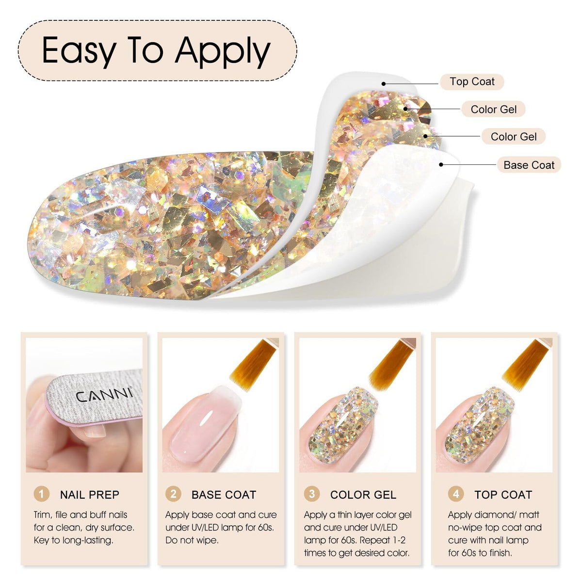 CANNI Broken Gold Glitter Gel Nail Polish curing under UV light