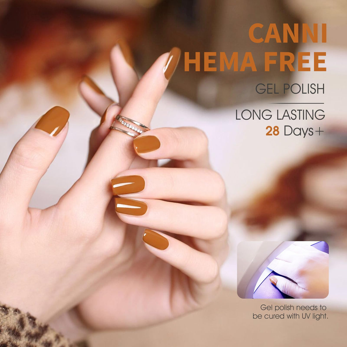 CANNI Brown Gel Nail Polish application process with UV lamp