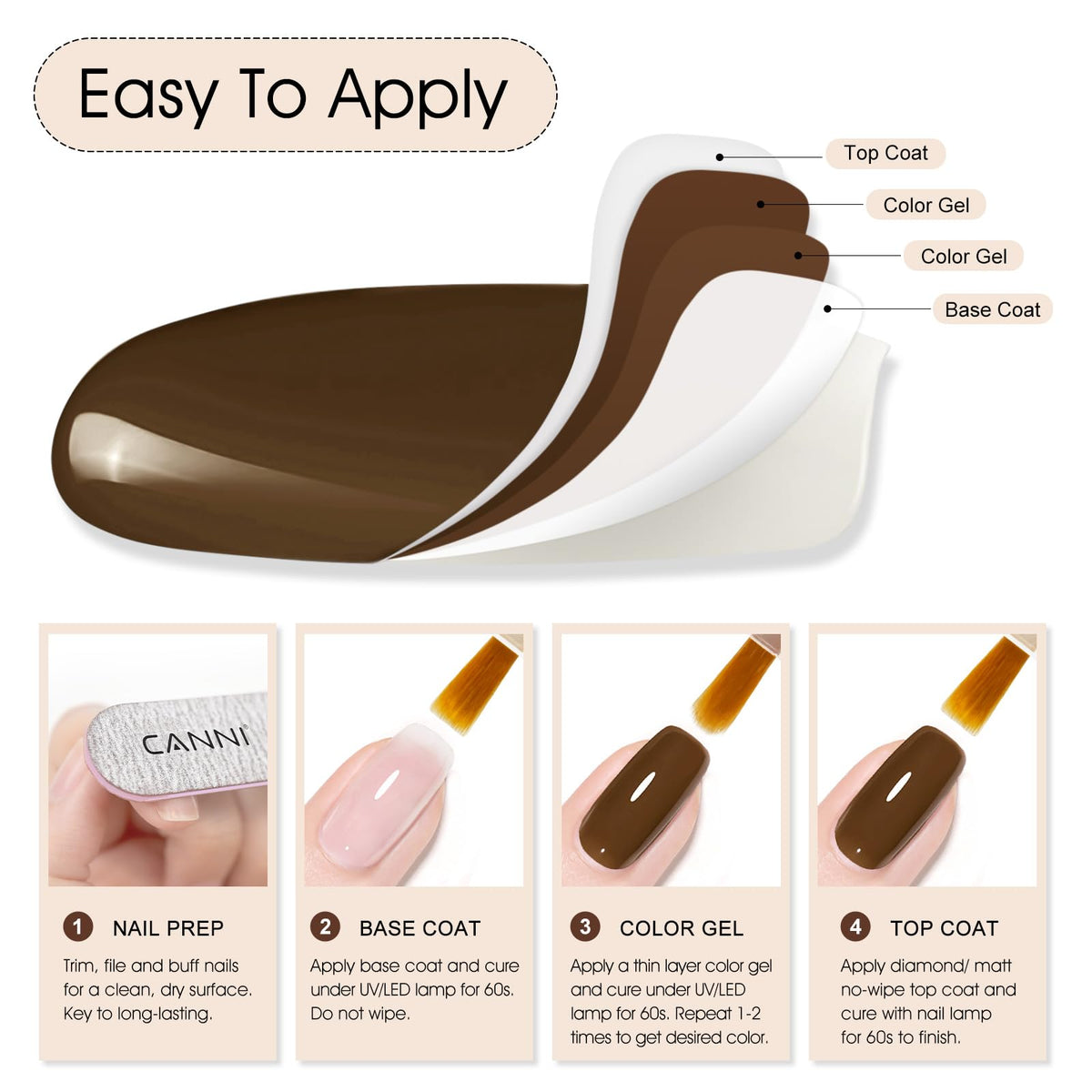 CANNI Dark Brown Gel Nail Polish with base and top coat