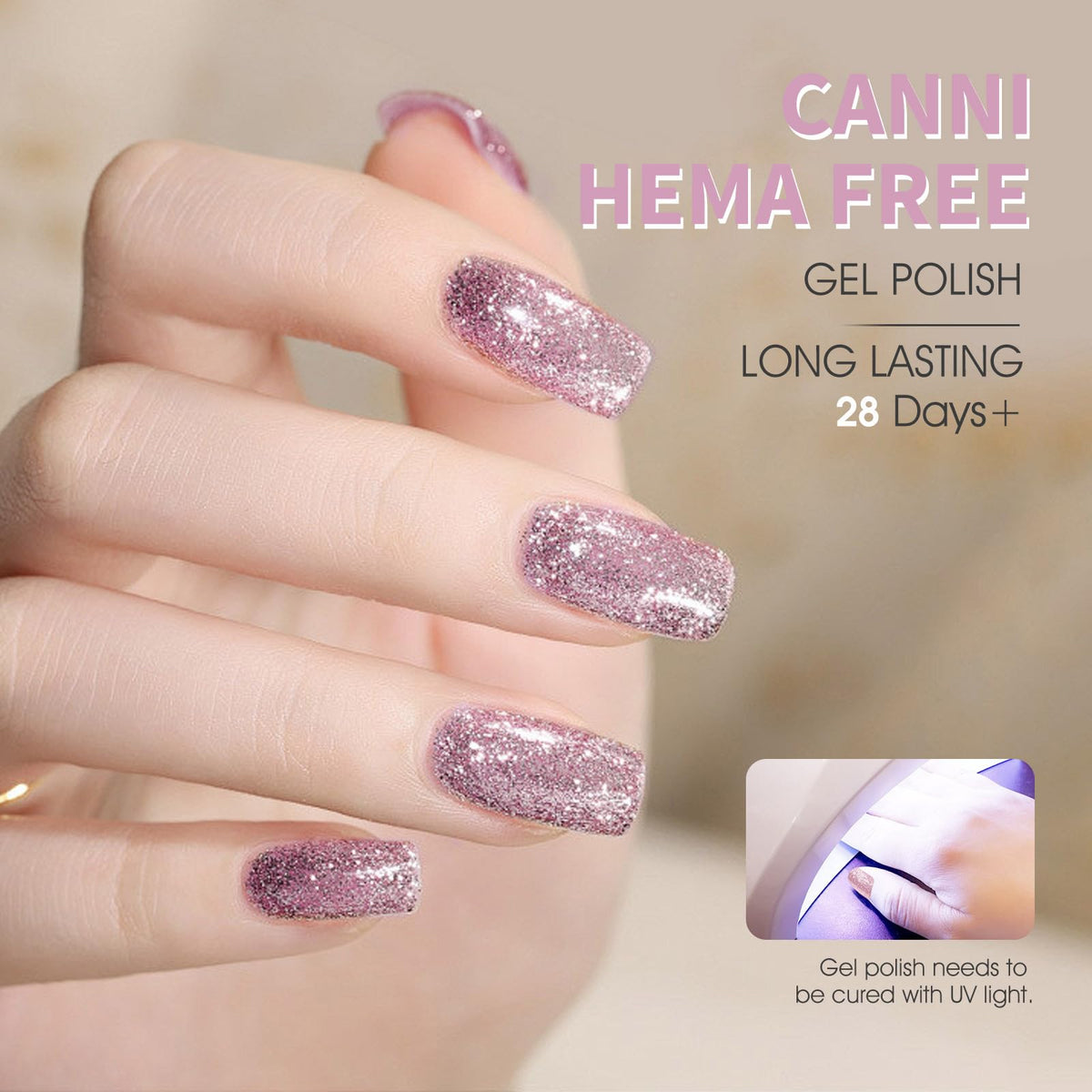 CANNI Glitter Purple Gel Nail Polish applied on nails