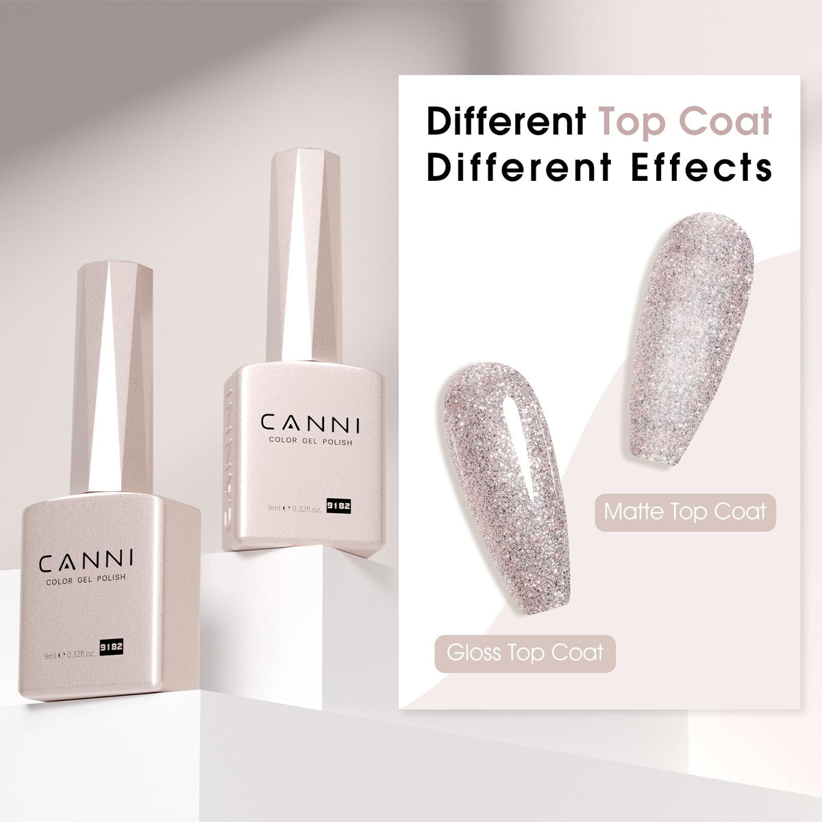 CANNI Rose Grey Glitter Gel Nail Polish 9ml on a nail art display
