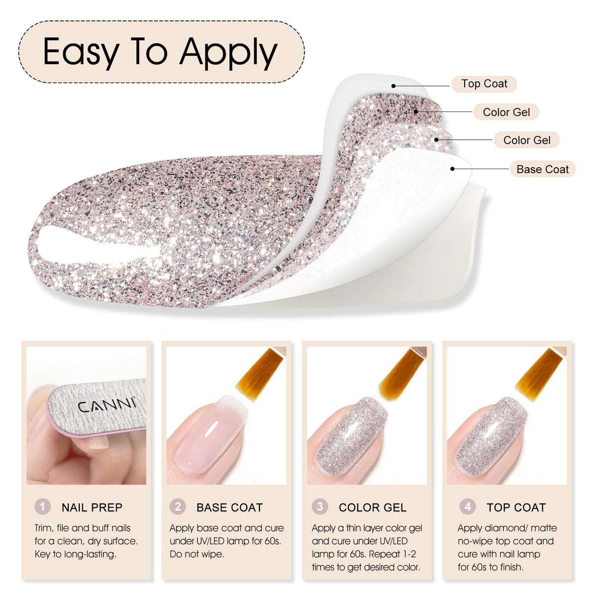 CANNI Rose Grey Glitter Gel Nail Polish 9ml packaging