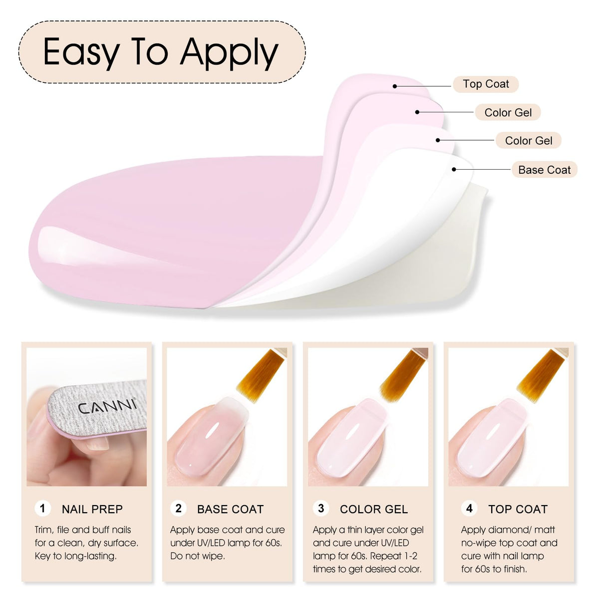 CANNI Soft Pink Jelly Gel Nail Polish 9ml with top and base coat