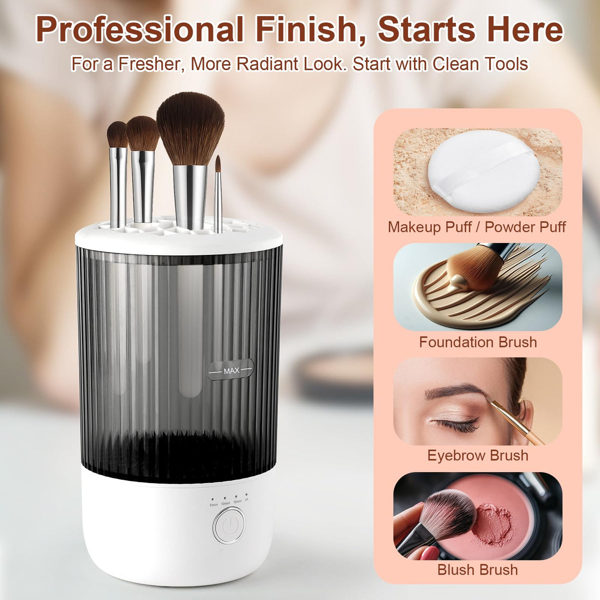 CAPOT brush cleaner with various makeup brushes
