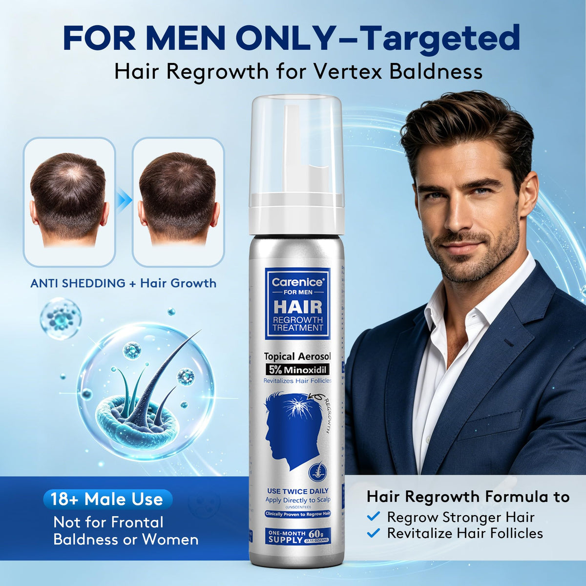 CARENICE Men's 5% Minoxidil Foam side view with biotin label