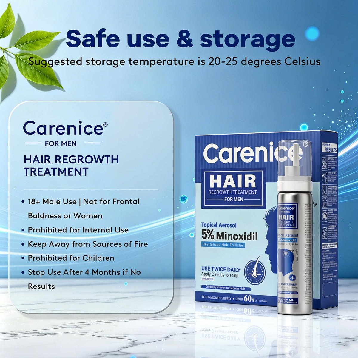 CARENICE Men's 5% Minoxidil Foam with hair growth results chart