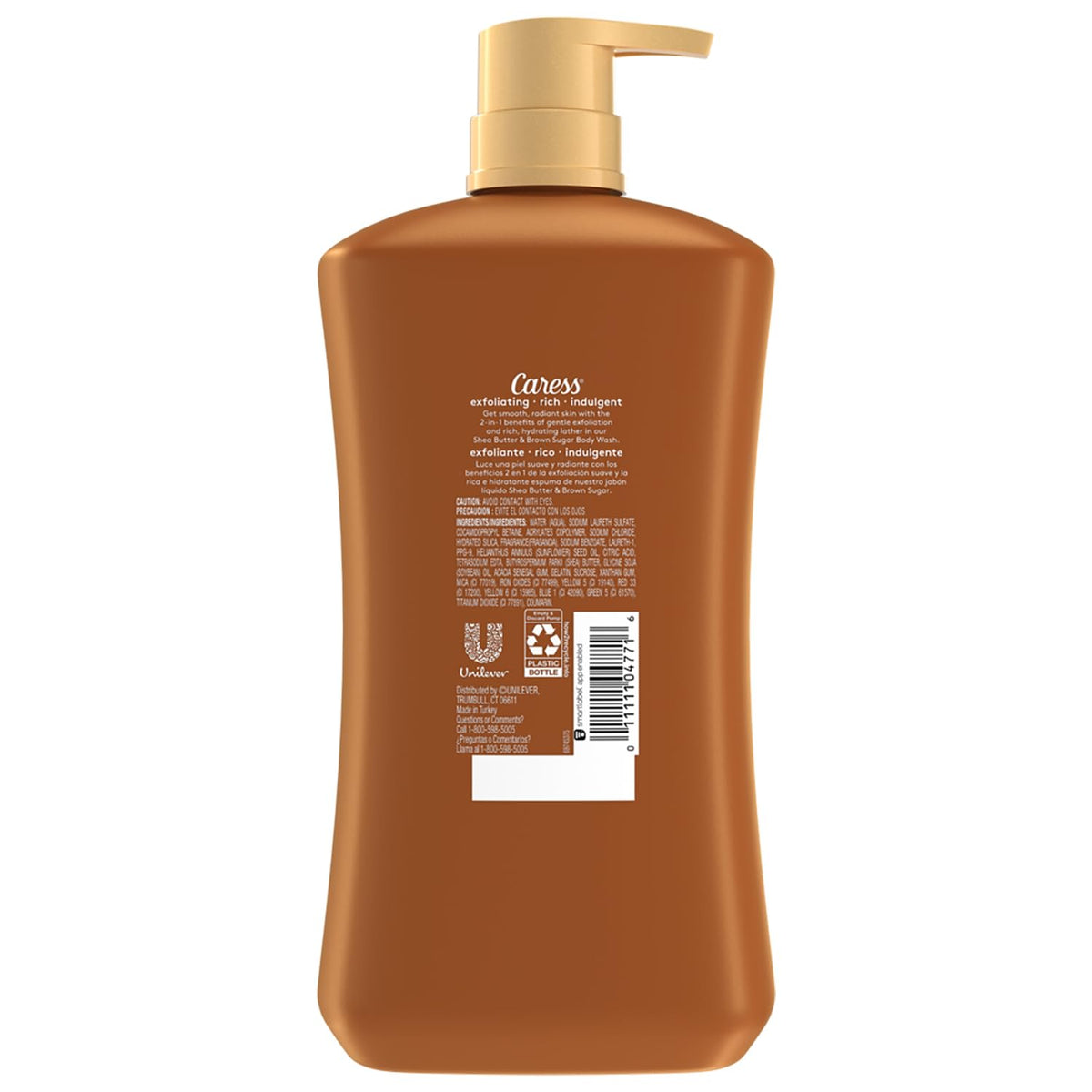 Caress Body Wash packaging details with shea butter and brown sugar