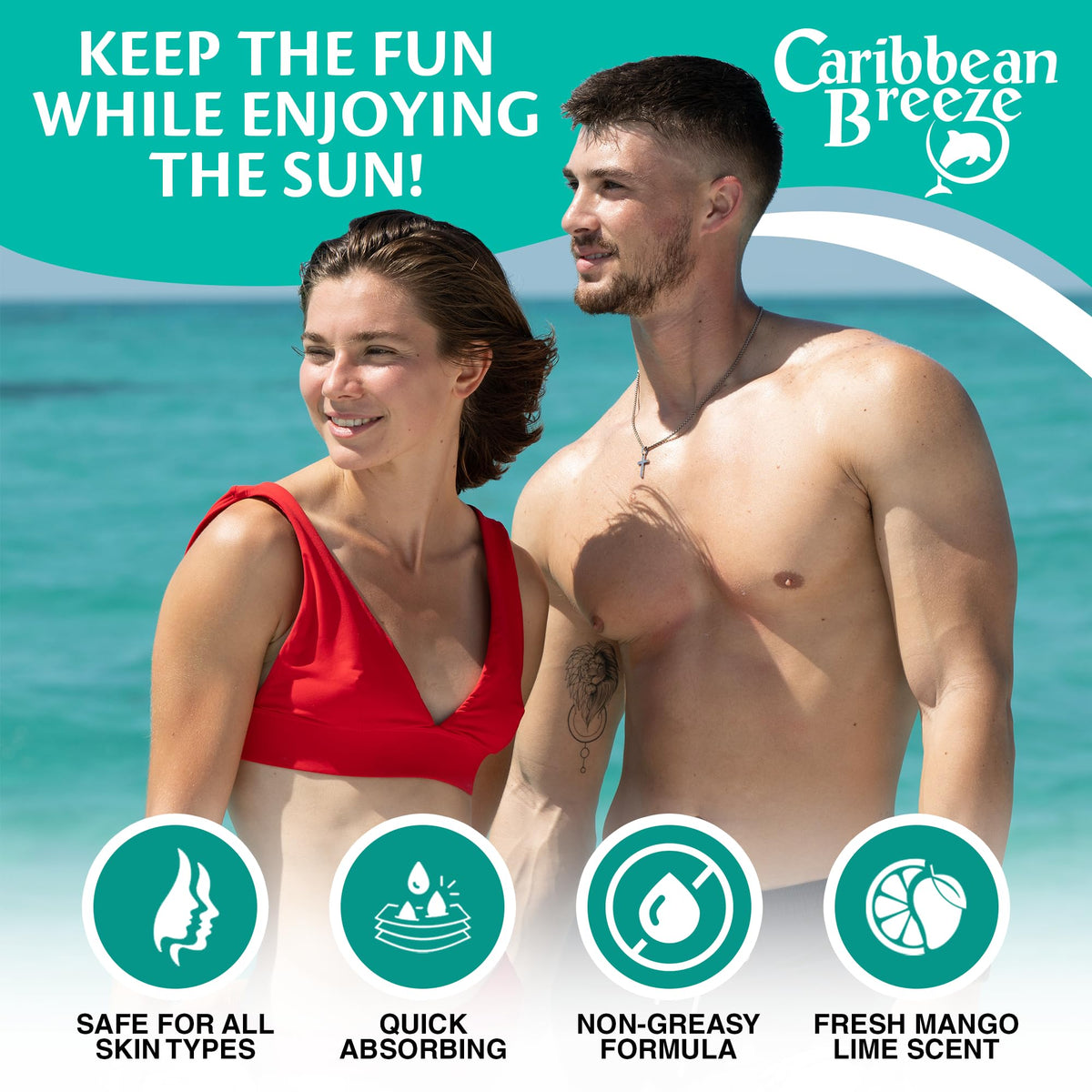 Caribbean Breeze Sunscreen SPF 50 Mango Lime Lotion with ocean background