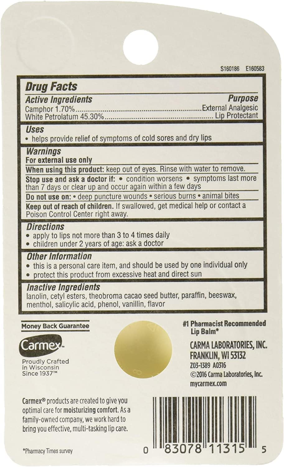 Carmex Classic Lip Balm Medicated 0.25 oz back view