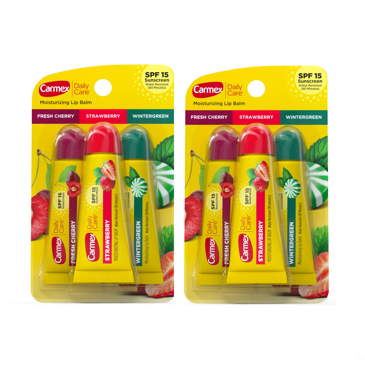 Carmex Daily Care Moisturizing Lip Balm Pack front view with Fresh Cherry flavour