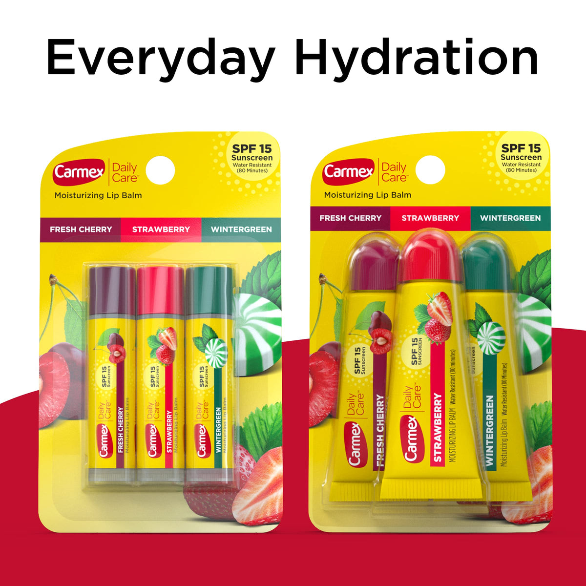 Carmex Daily Care Moisturizing Lip Balm sticks and tubes arranged