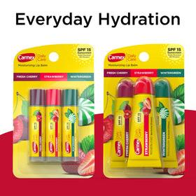 Carmex Daily Care Moisturizing Lip Balm sticks and tubes arranged