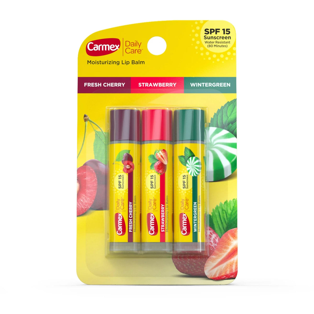 Carmex Daily Care SPF15 Variety Pack front view with three lip balm sticks