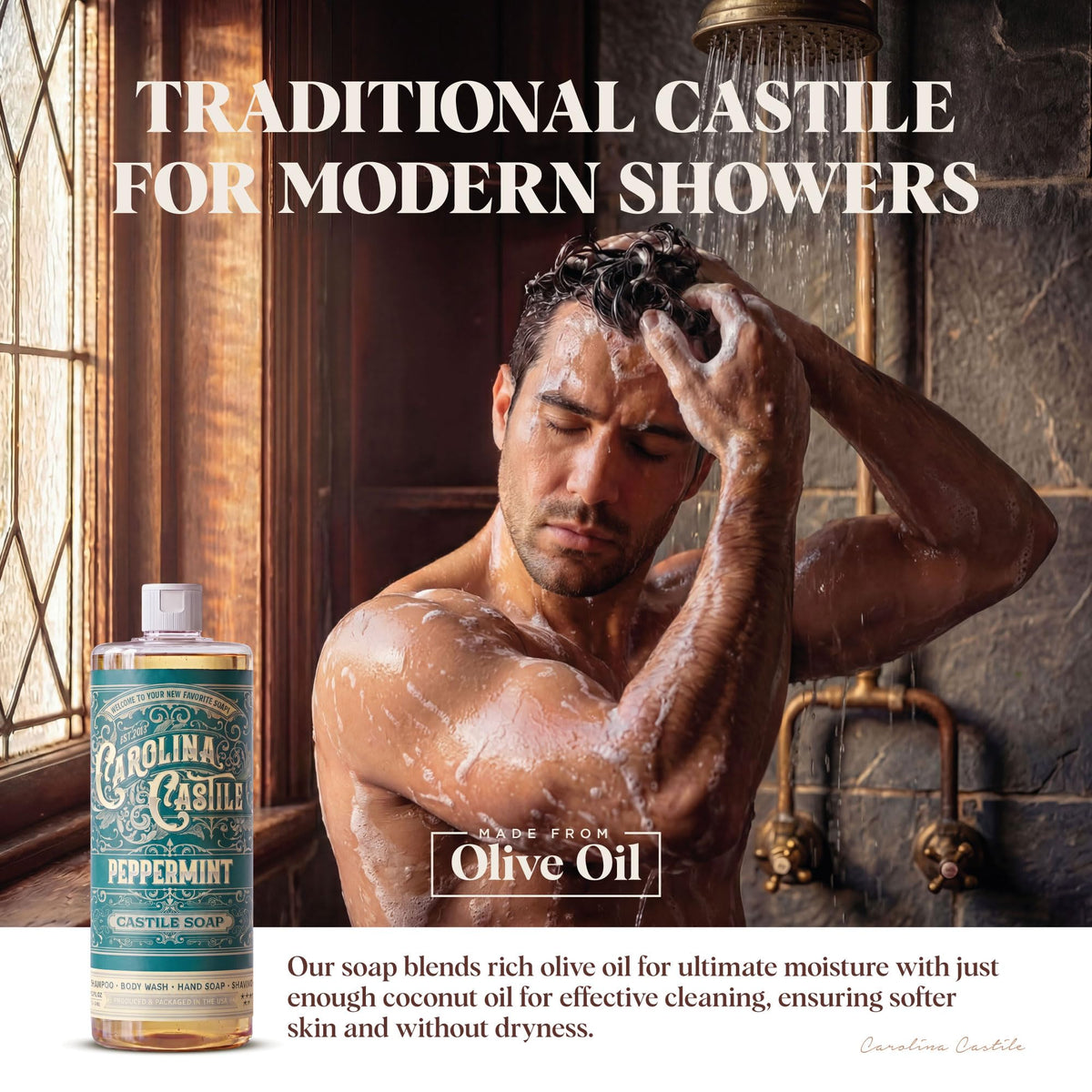 Carolina Castile Soap Peppermint Scent in a shower caddy