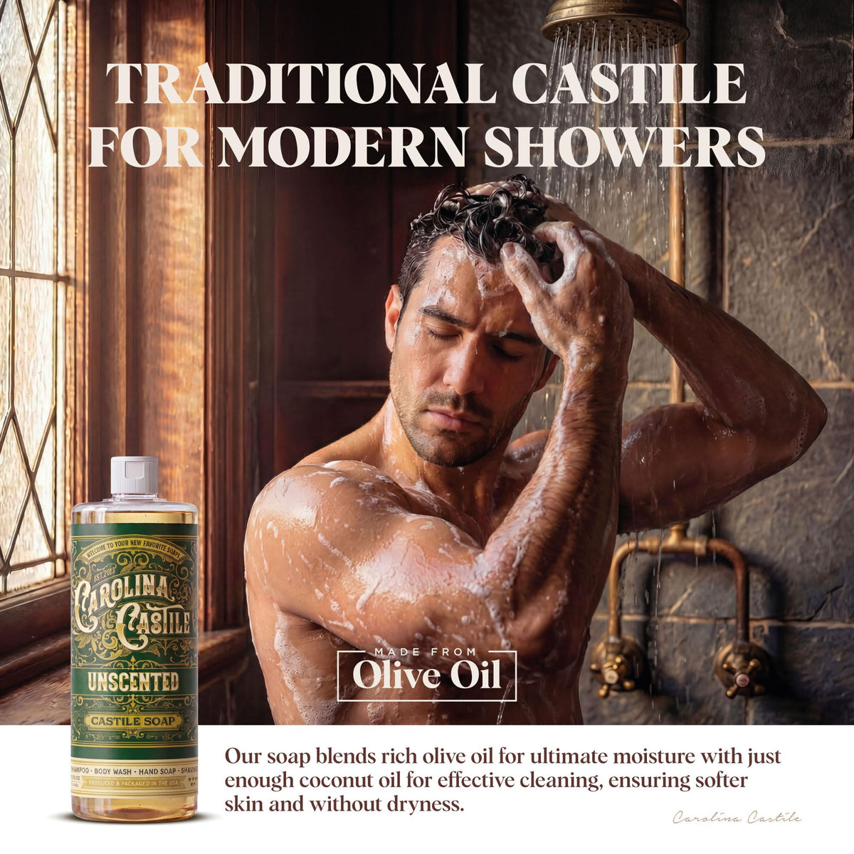 Carolina Castile Soap Unscented Liquid Soap 32 oz in a bathroom setting