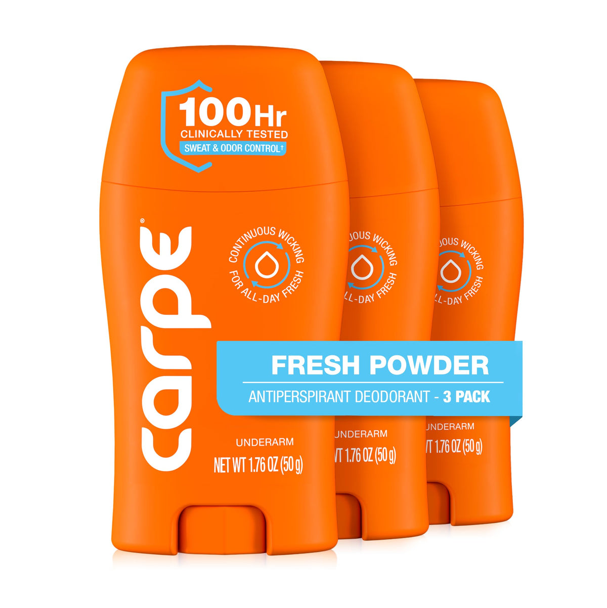 Carpe Antiperspirant Deodorant Fresh Powder 3 Pack front view