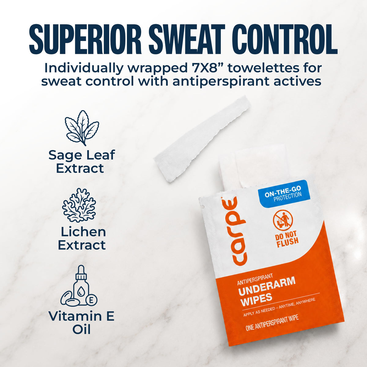 Carpe Antiperspirant lotion and wipes on a bathroom shelf
