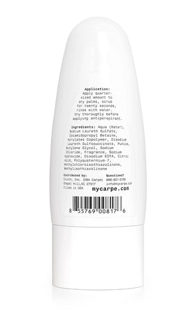 Carpe Exfoliating Underarm Scrub displayed on a bathroom shelf