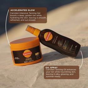 Carroten tanning products on a sunlit beach