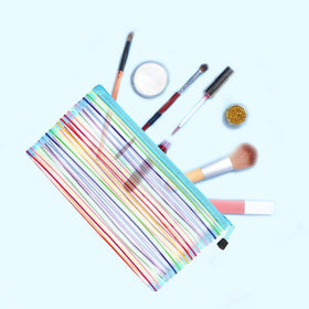 CarryEpic mesh makeup bags arranged in a travel setting
