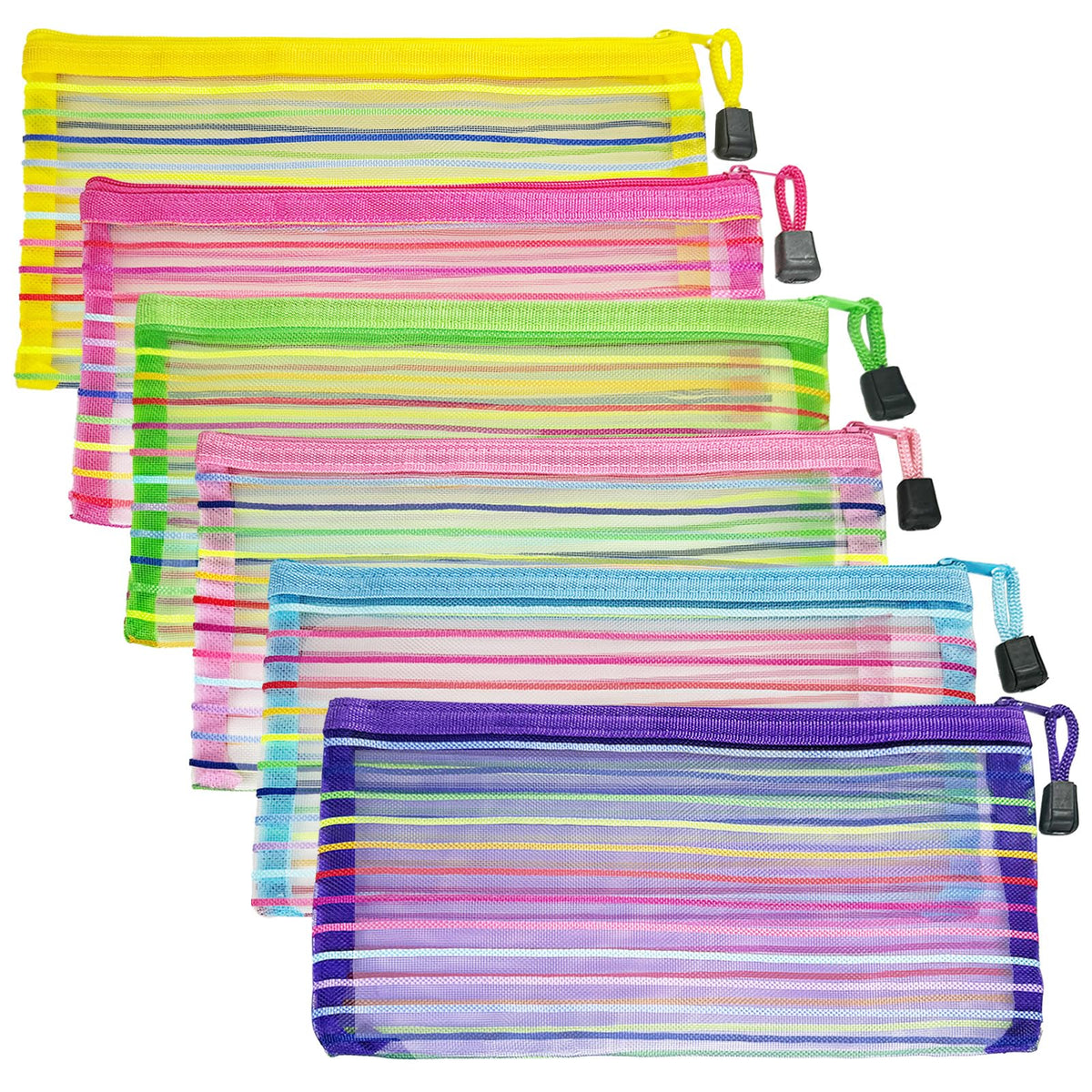 CarryEpic mesh makeup bags set in six colours, front view