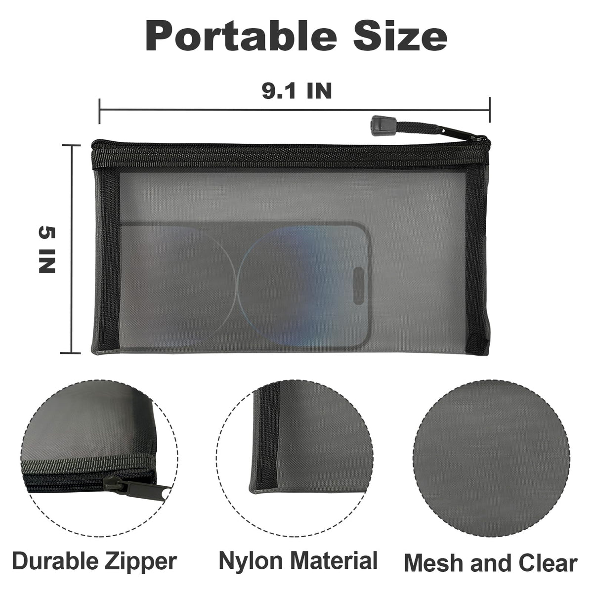 CarryEpic mesh makeup bags with zipper, side view