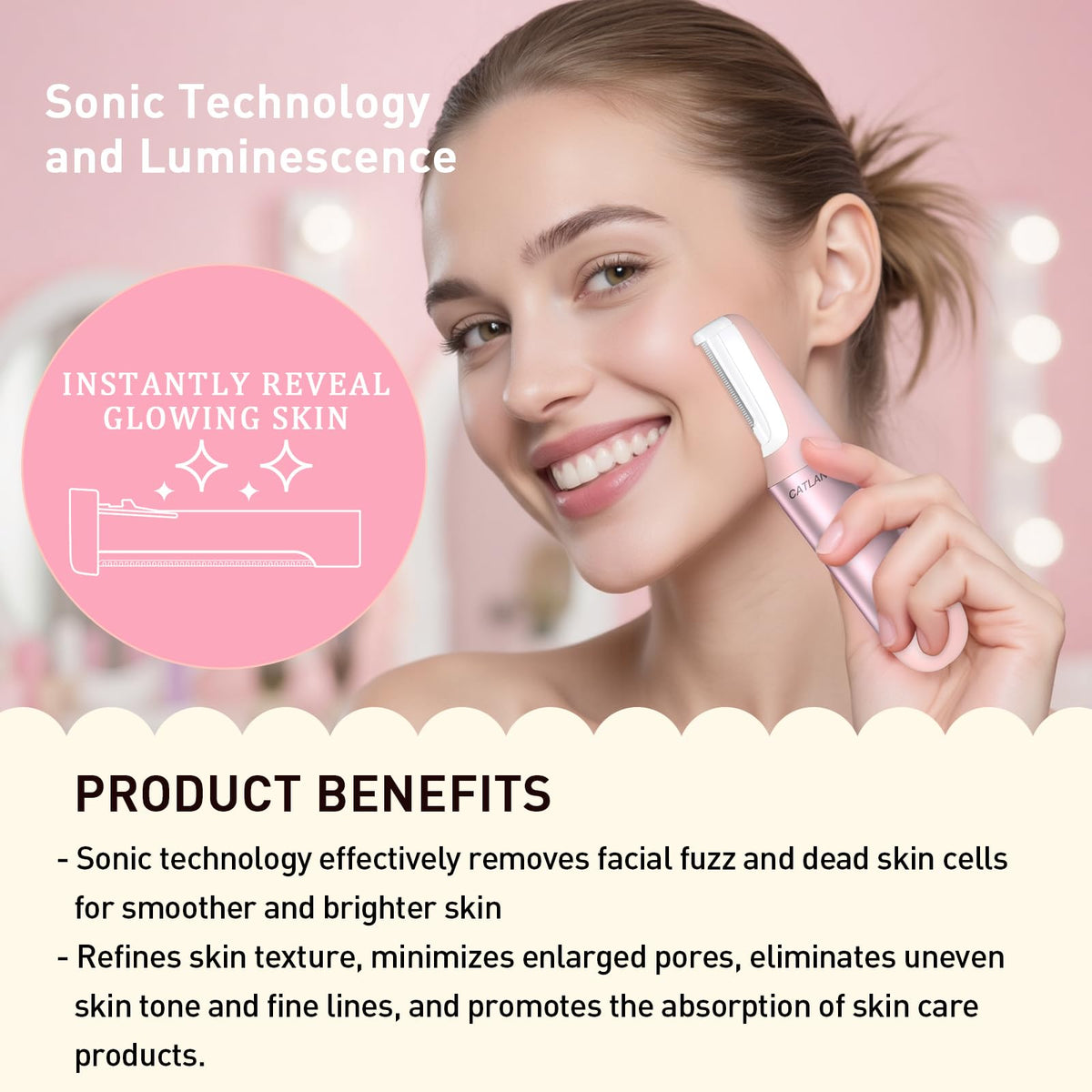 CATLANE Dermaplane Razor showing sonic technology feature