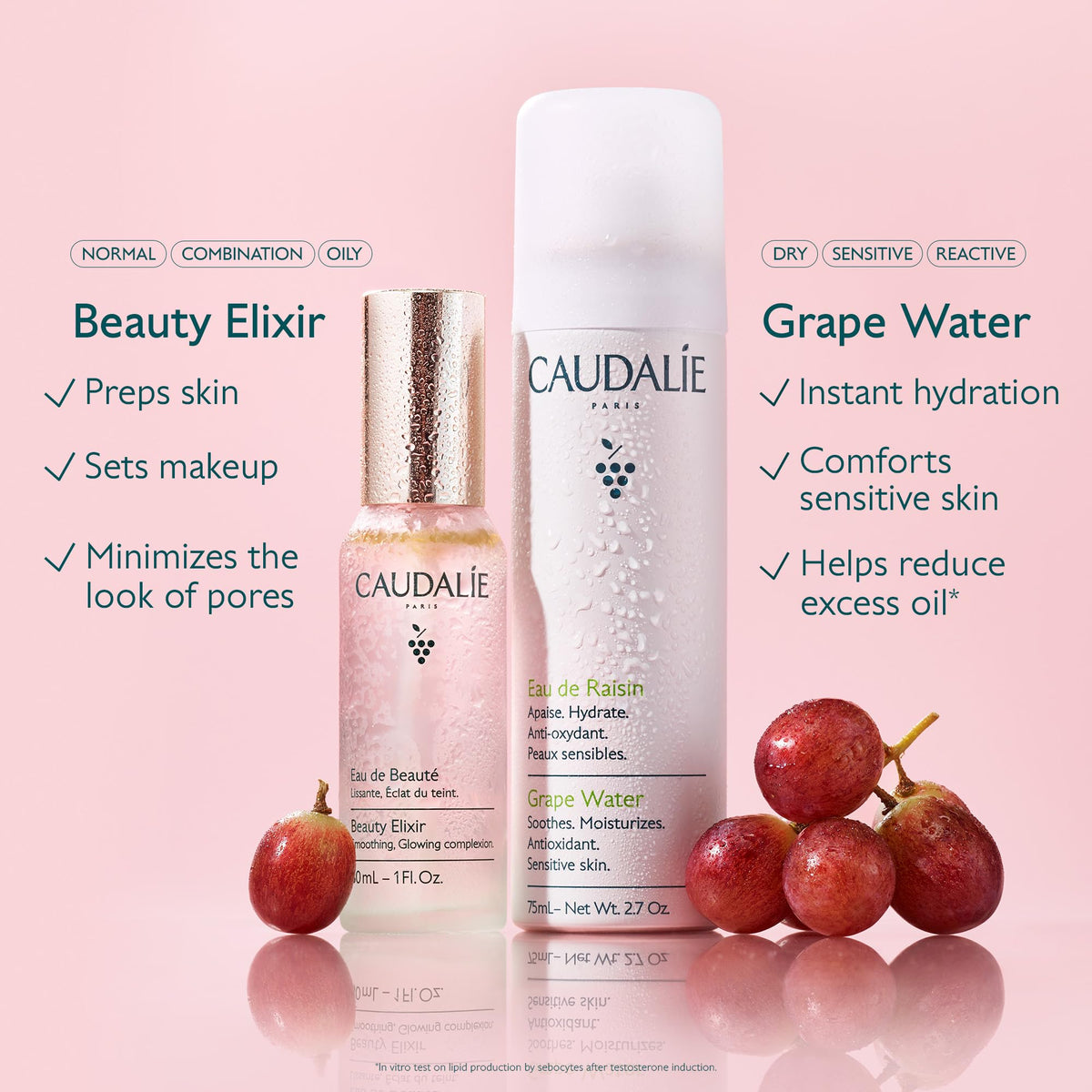 Caudalie Grape Water face mist on a vanity