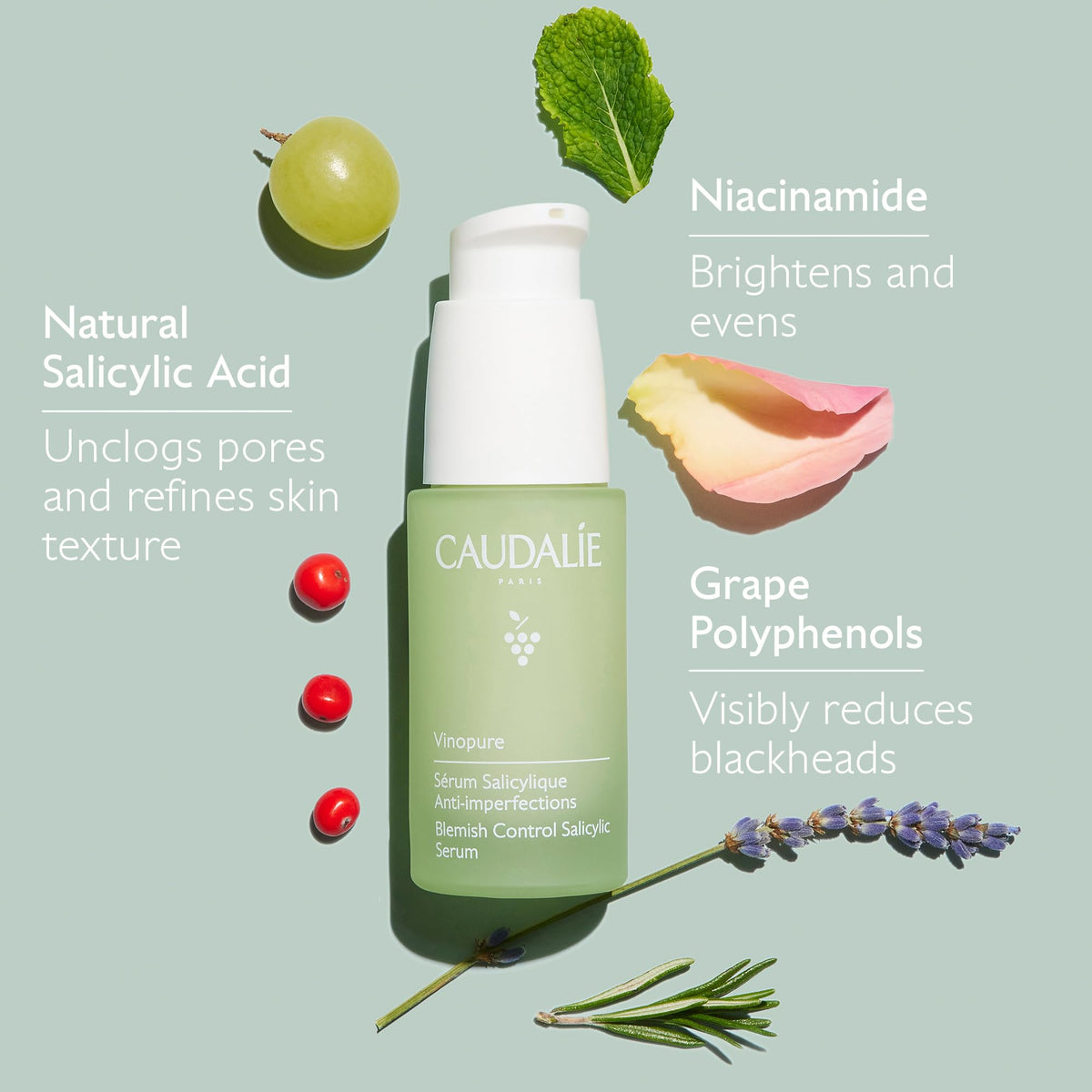 Caudalie Vinopure Serum bottle with natural ingredients background