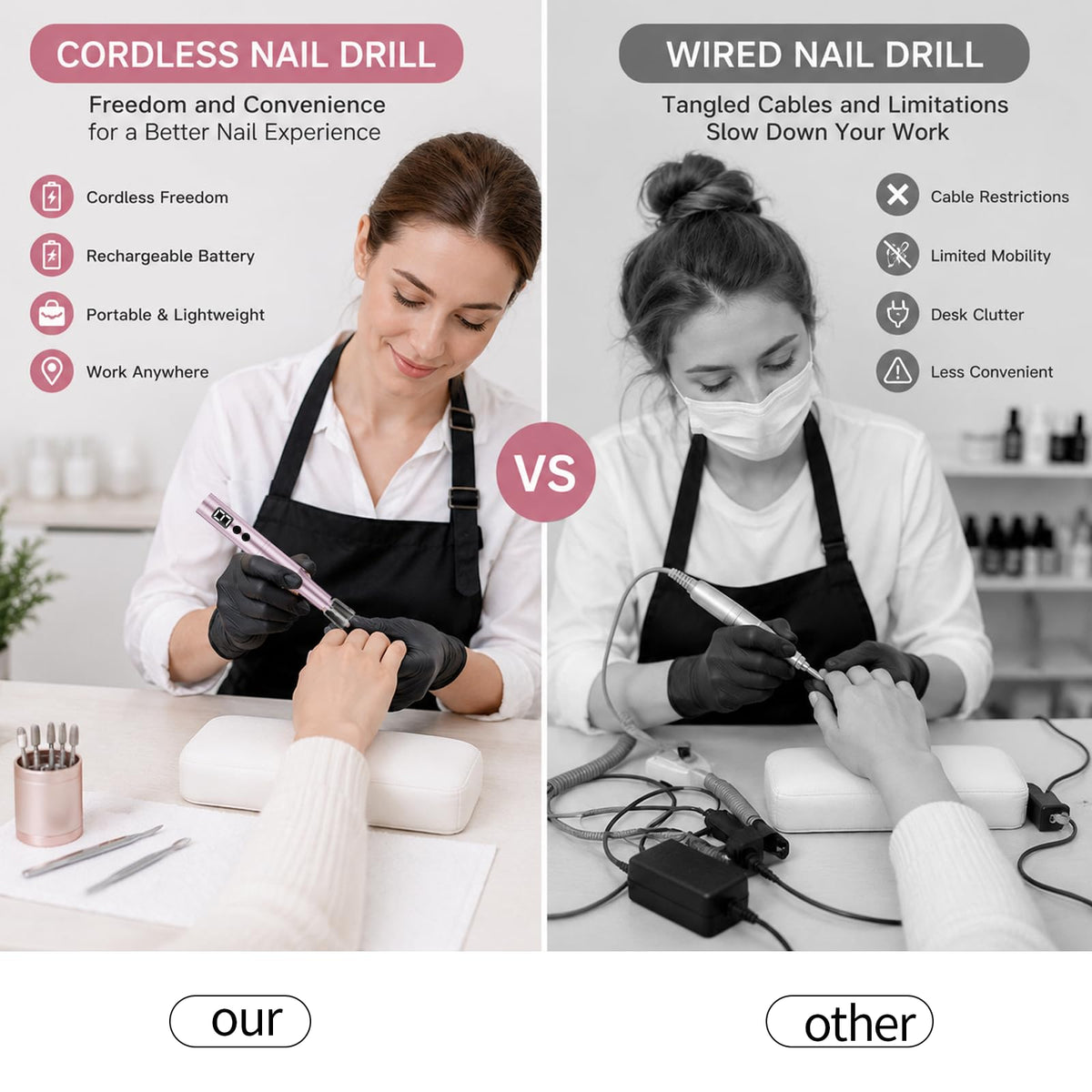 CBVCBV nail drill showing 5 metal bits and sanding bands