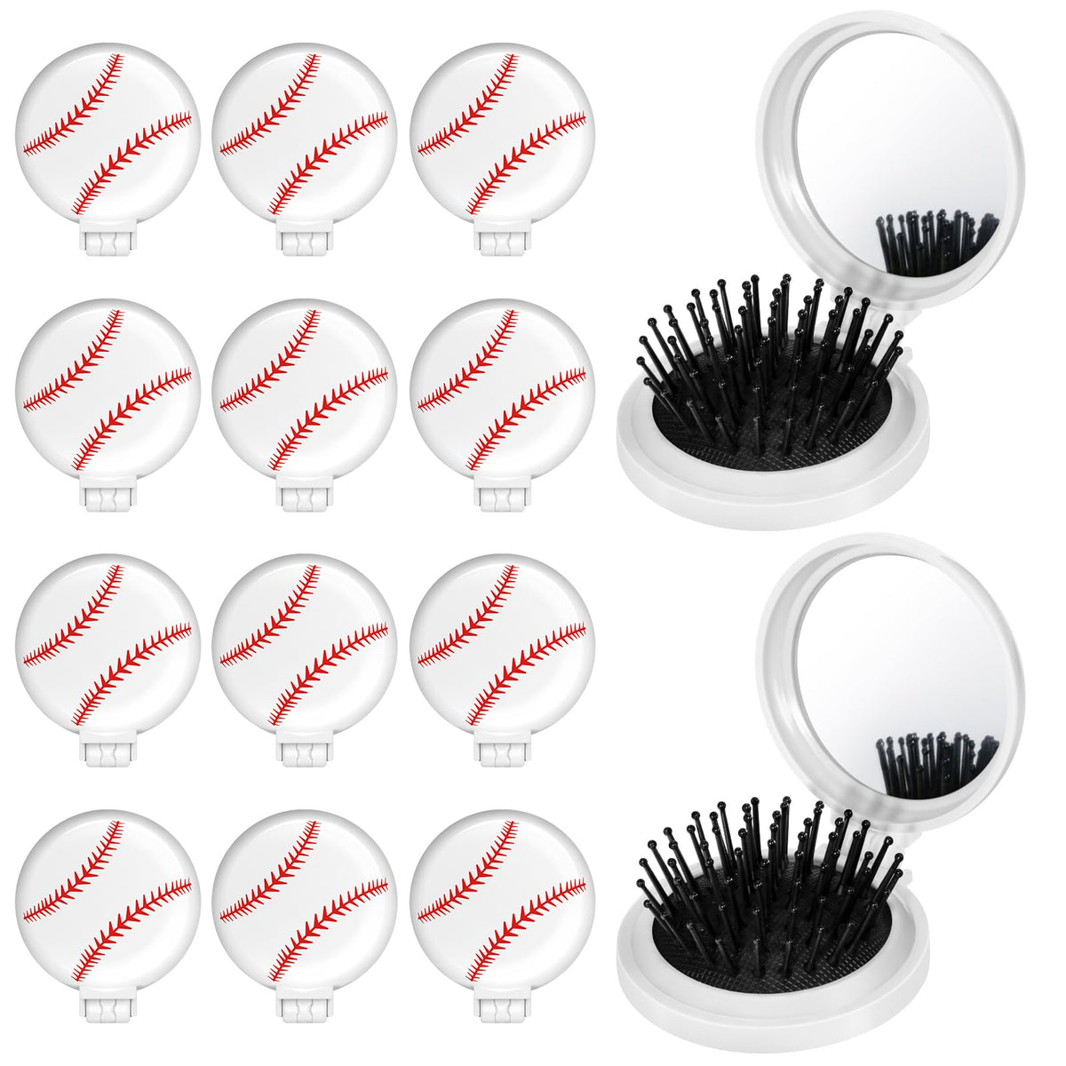 Cecnamt 12 Pcs Baseball Mini Detangler Brush Set with mirror, front view