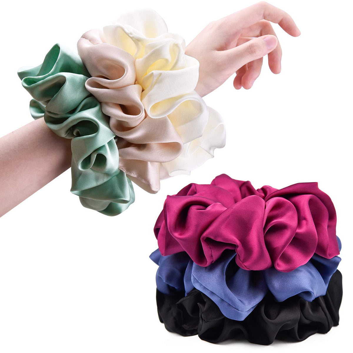 CEELGON Big Silk Scrunchies set in black, white, and mulberry