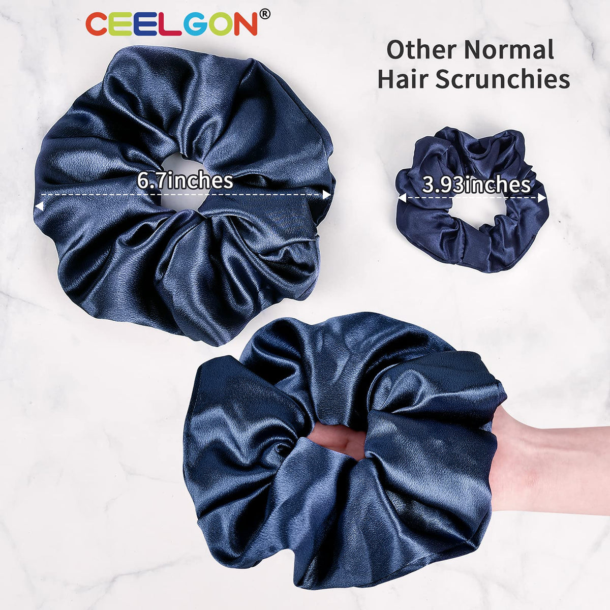 CEELGON black satin scrunchie close-up on a white background