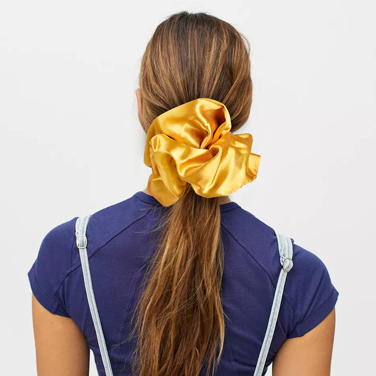 CEELGON blue satin scrunchie in a lifestyle setting