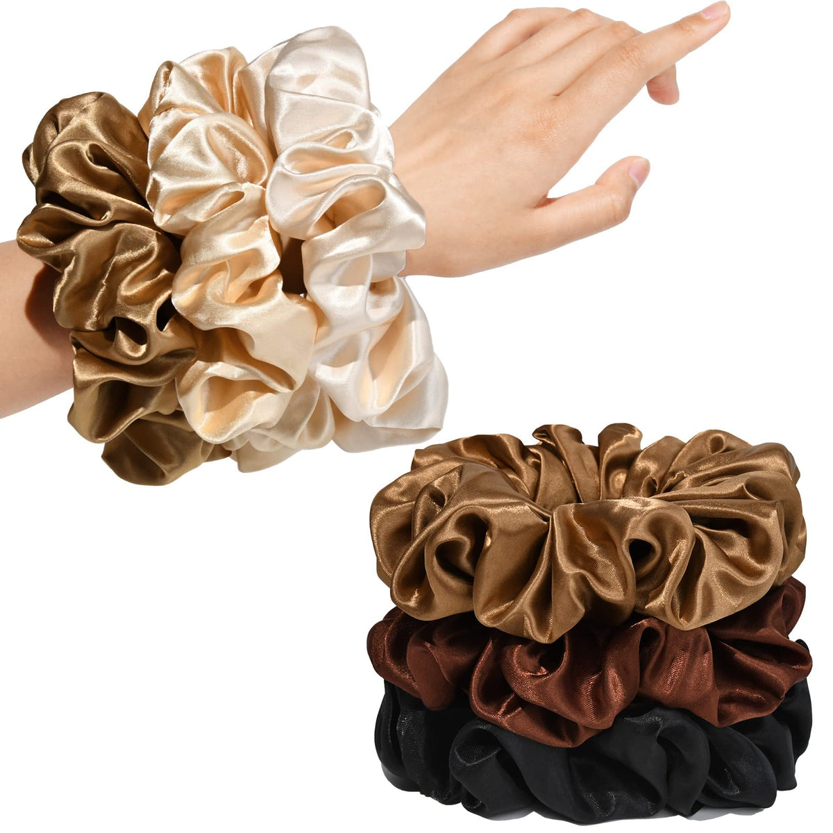 CEELGON large silk satin scrunchies pack of 6 in black, champagne, brown, and gold