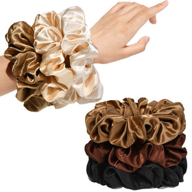 CEELGON large silk satin scrunchies pack of 6 in black, champagne, brown, and gold