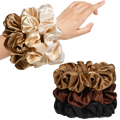CEELGON large silk satin scrunchies pack of 6 in black, champagne, brown, and gold