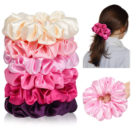 CEELGON Large Silk Satin Scrunchies pack of 6 in pink