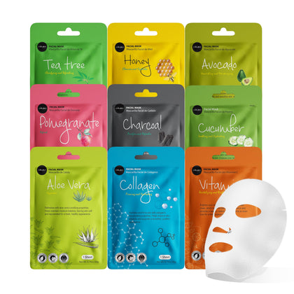 Celavi Essence Facial Face Mask 9 Pack front view with individual masks