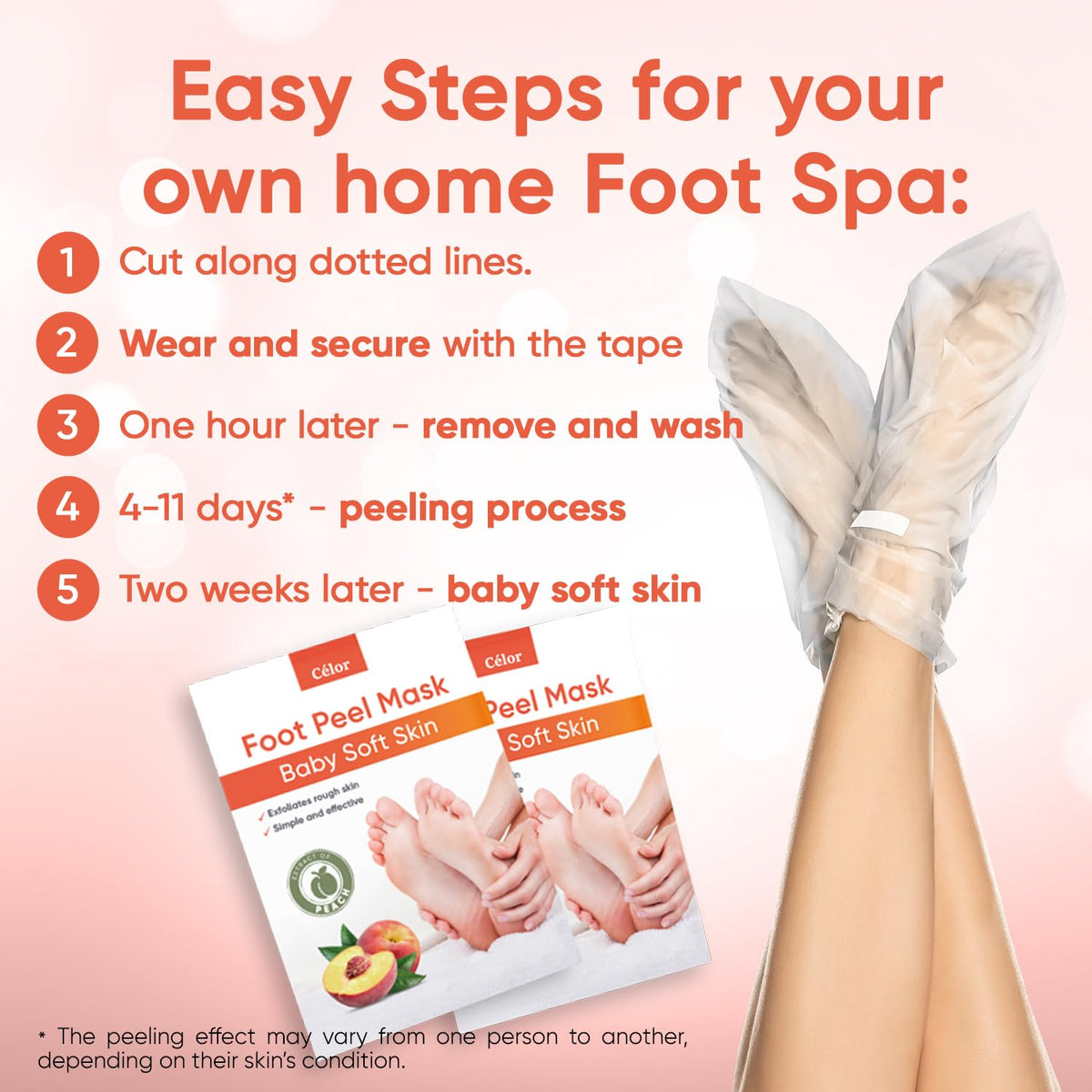 CÉLOR Foot Peeling Mask in use on feet, relaxing setting