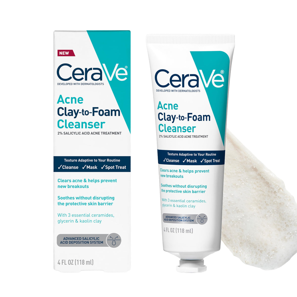 CeraVe Acne Clay-to-Foam Cleanser 4 Oz front view