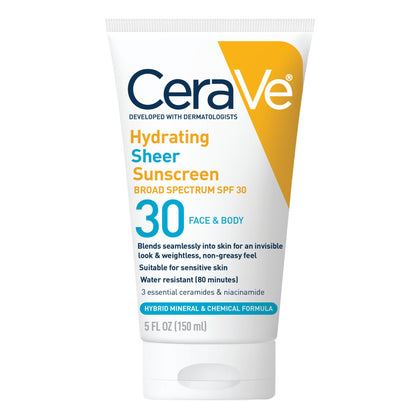 CeraVe Hydrating Sheer Sunscreen SPF 30 front view with packaging