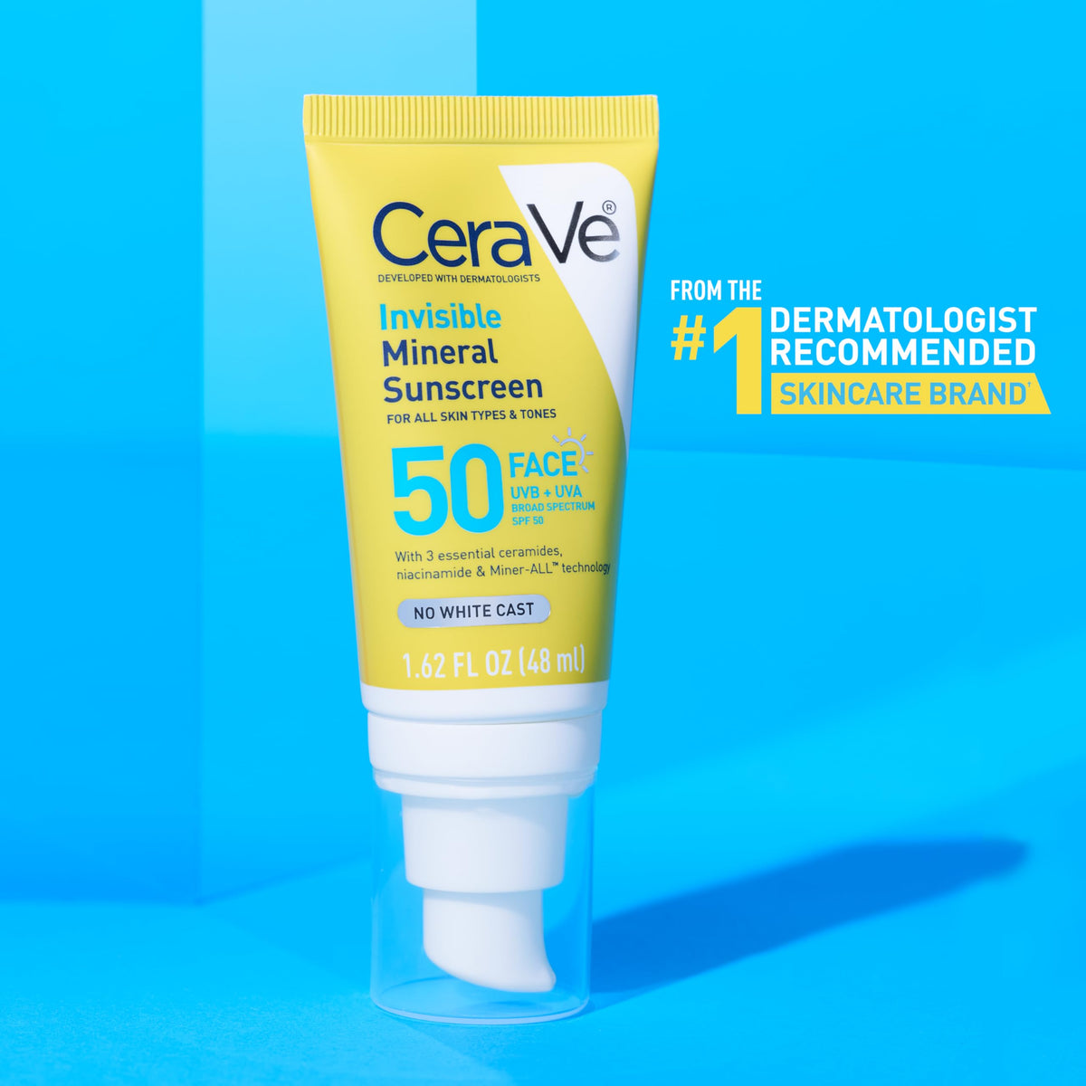 CeraVe Invisible Mineral Sunscreen SPF 50 with ceramides on display