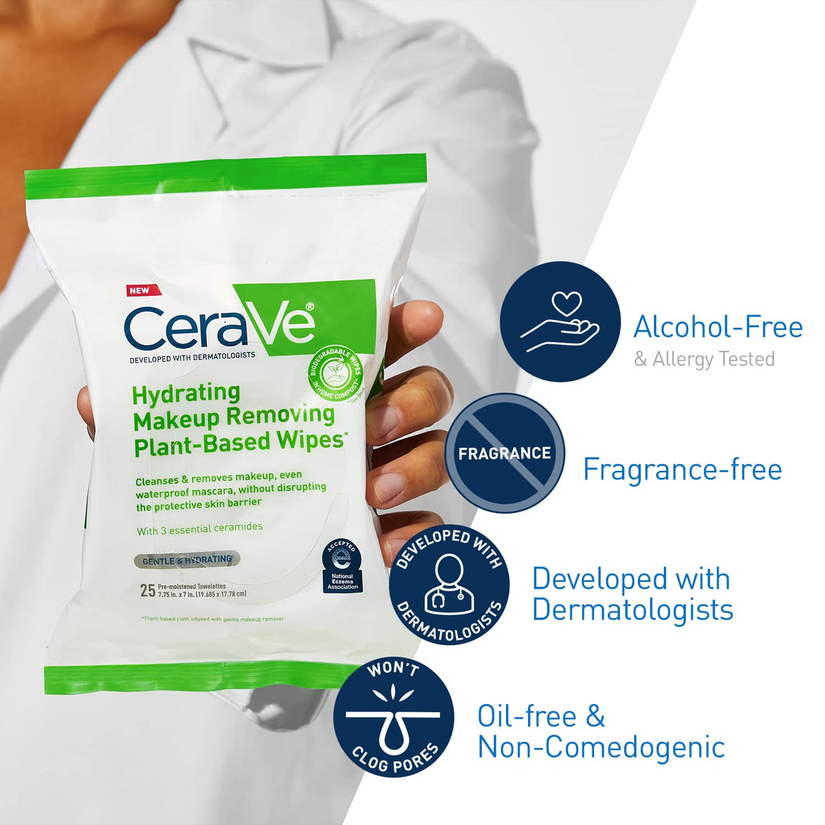 CeraVe Makeup Remover Wipes with visible makeup residue removal