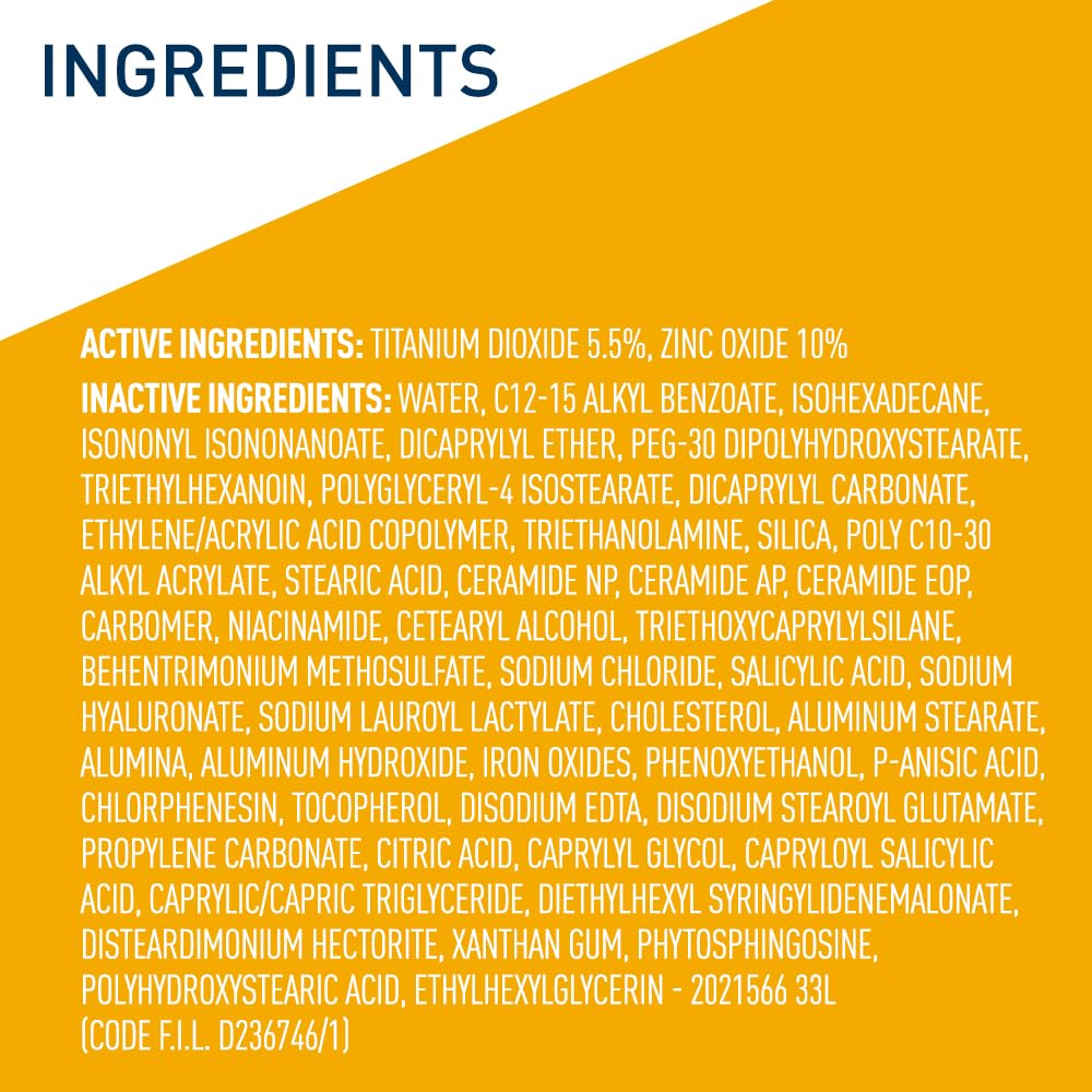 CeraVe Tinted Sunscreen for Face, Light shade with ingredients list