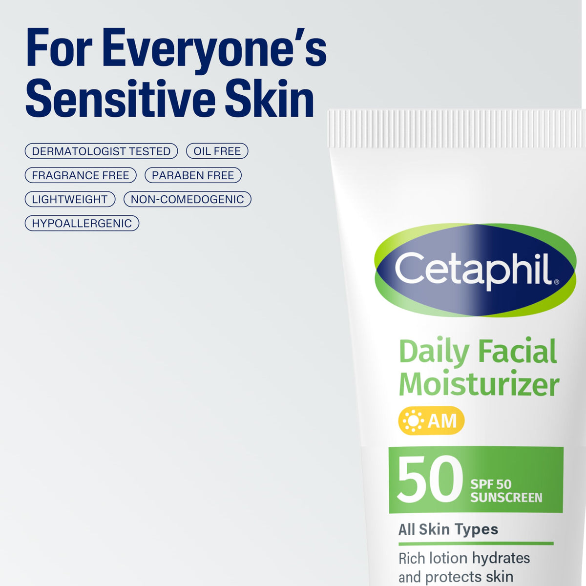 Cetaphil Daily Facial Moisturizer SPF 50+ with sun protection label