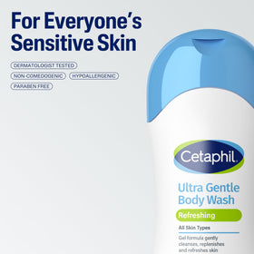 Cetaphil Ultra Gentle Refreshing Body Wash displayed with aloe vera leaves